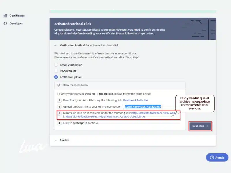 11. Verifica en el administrador de tu certificado ssl gratis que eres el administrador de hosting