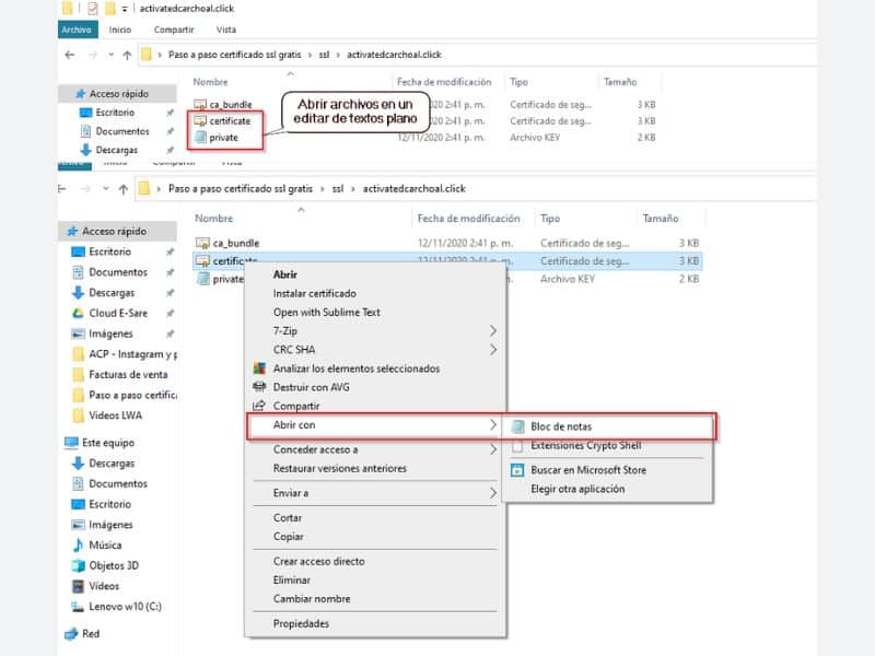 14. Abre los archivos certificate y private en un editor de textos plano