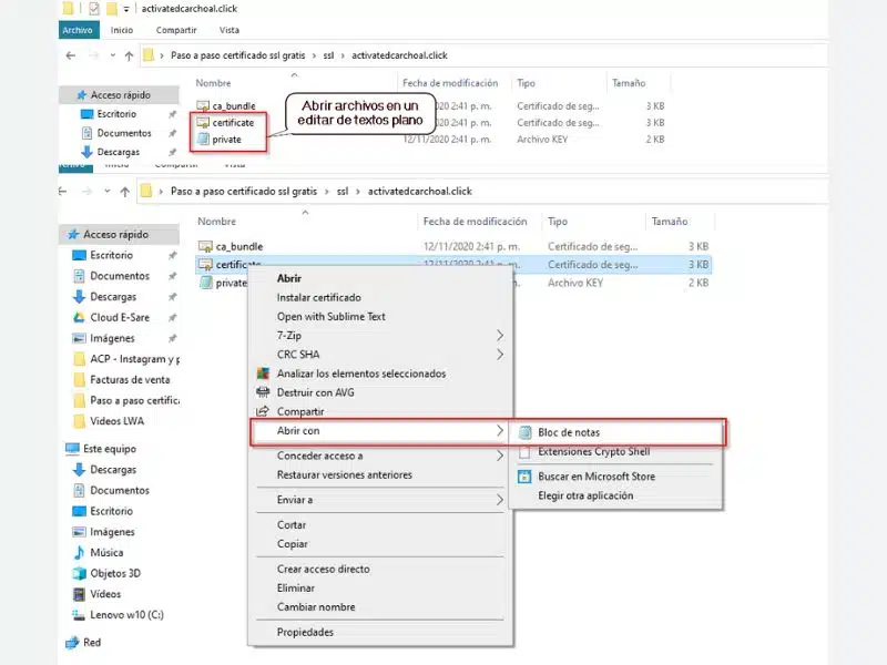 14. Abre los archivos certificate y private en un editor de textos plano