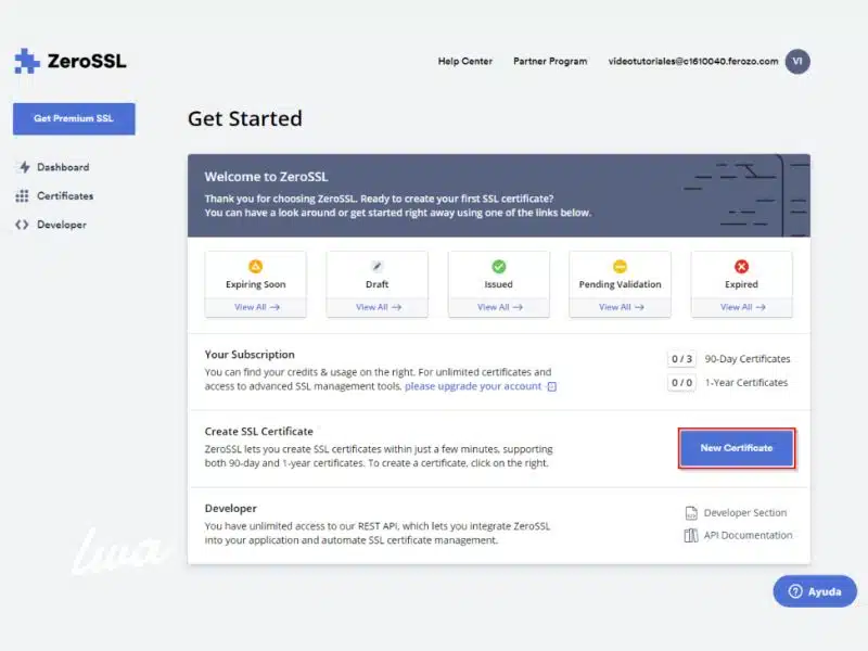 Panel de administración ZeroSsl “New certificate”