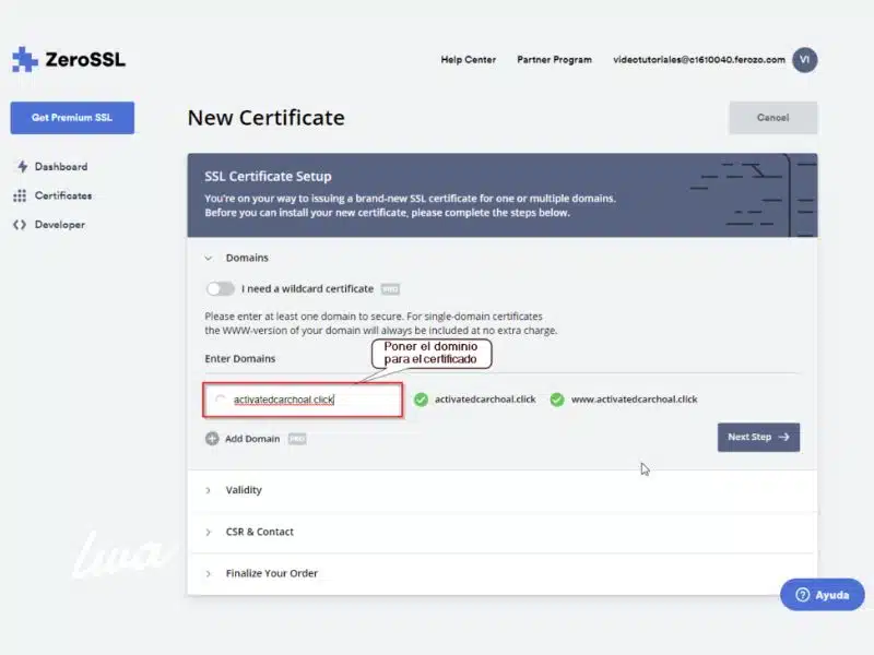 Agregar tu dominio para generar el certificado ssl seguro