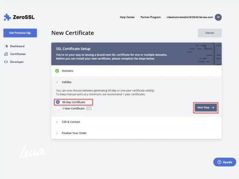 5. Selecciona el plan de 90 días para tu certificado SSL