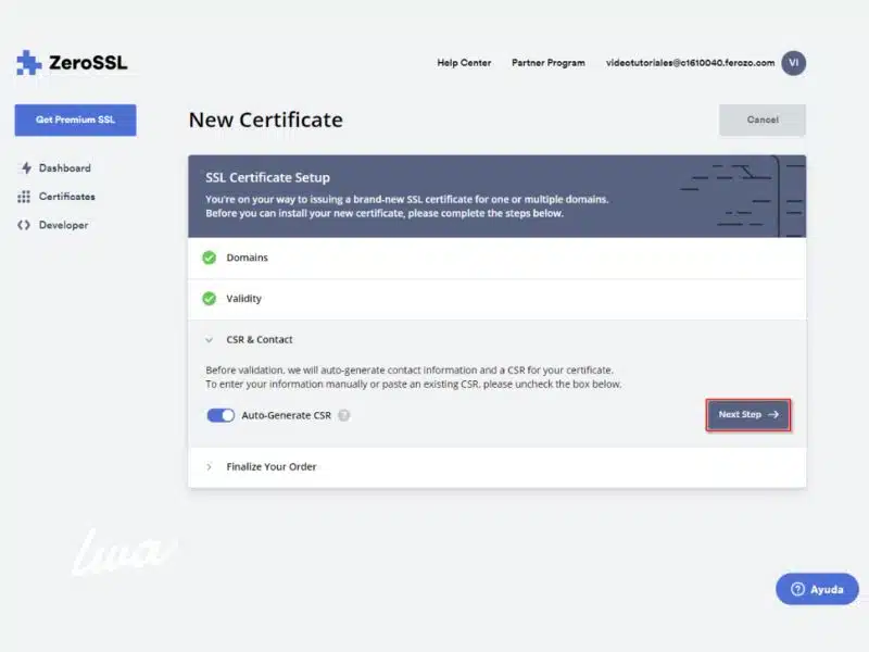 6. Comenzamos el proceso de validación de nuestro certificado ssl gratis