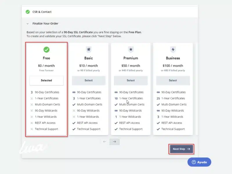 7. Seleccionar el plan Free de 3 certificados SSL