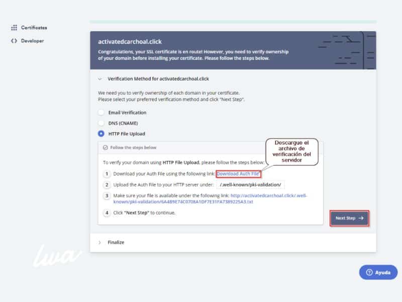 9. Descargar el archivo de verificación de tu cuenta de hosting y subirlo en la ubicación especificada