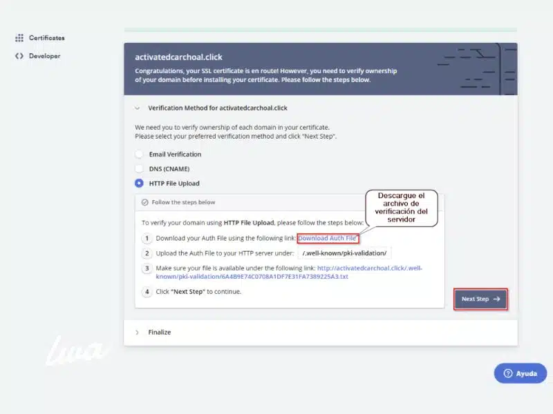 9. Descargar el archivo de verificación de tu cuenta de hosting y subirlo en la ubicación especificada